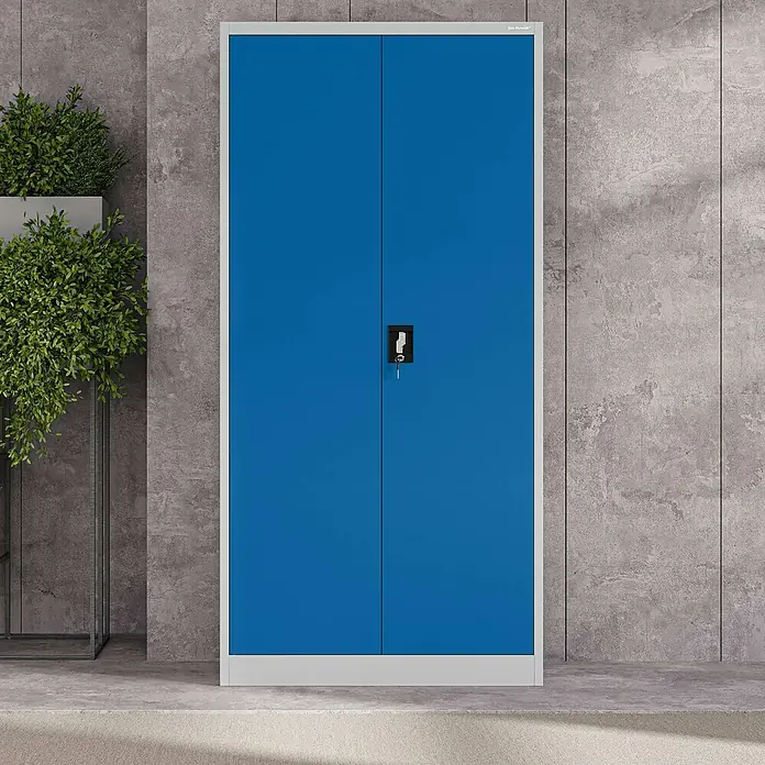 Jan Nowak Aktenschrank Jan - B x T x H: 90 x 40 x 185 cm, Grau/Blau - Blauer Metallschrank mit zwei Türen und einem Schloss, ideal für die Aufbewahrung im Büro oder Werkstatt.