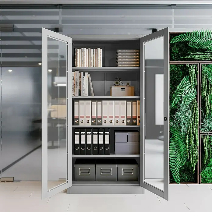 Jan Nowak Aktenschrank Amelia - B x T x H: 90 x 40 x 185 cm, Grau - Dieser Büroschrank mit Glastüren bietet praktischen Stauraum für Bücher, Aktenordner und Büromaterialien. Ideal für Ordnung im Büro.