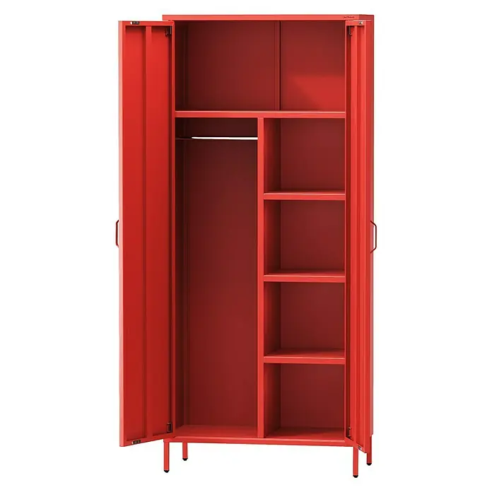 Jan Nowak Kleiderschrank Flavio - H x B x T: 185 x 80 x 45 cm, Rot - Ein roter Metallkleiderschrank mit offenen Türen und mehreren Regalfächern.
