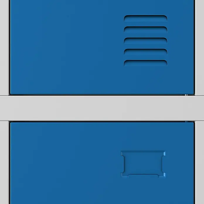 Jan Nowak Schließfachschrank Igor - H x B x T: 185 x 90 x 45 cm, Anzahl Fächer: 6 Stk., Grau/Blau - Nahaufnahme von blauen Metallschränken mit Belüftungsschlitzen und Griffmulde, ideal zur Aufbewahrung im Büro oder in der Schule.