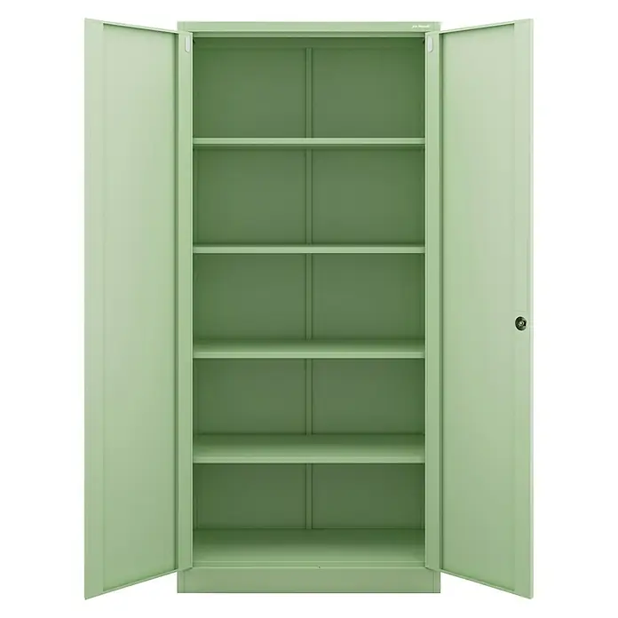 Jan Nowak Aktenschrank Jan - B x T x H: 90 x 40 x 195 cm, Pastellgrün - Offener, mintgrüner Stahlschrank mit mehreren Regalen. Ideal für Büro oder Werkstatt zur übersichtlichen Aufbewahrung von Akten und Werkzeugen.