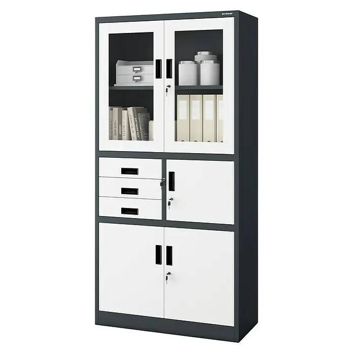Jan Nowak Aktenschrank Filip - B x T x H: 90 x 40 x 185 cm, Anthrazit/Weiß - Ein graues Jan Nowak Metallregal mit Glastüren und Schubladen, ideal für Büro oder Arbeitszimmer, bietet viel Stauraum und Ordnung.