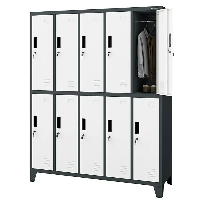 Jan Nowak Spind Bartek - B x T x H: 136 x 45 x 172 cm, Anthrazit / Weiß - Ein grauer Garderobenschrank mit weißen Türen und einem offenen Fach, in dem Kleidung hängt. Praktische Aufbewahrungslösung.