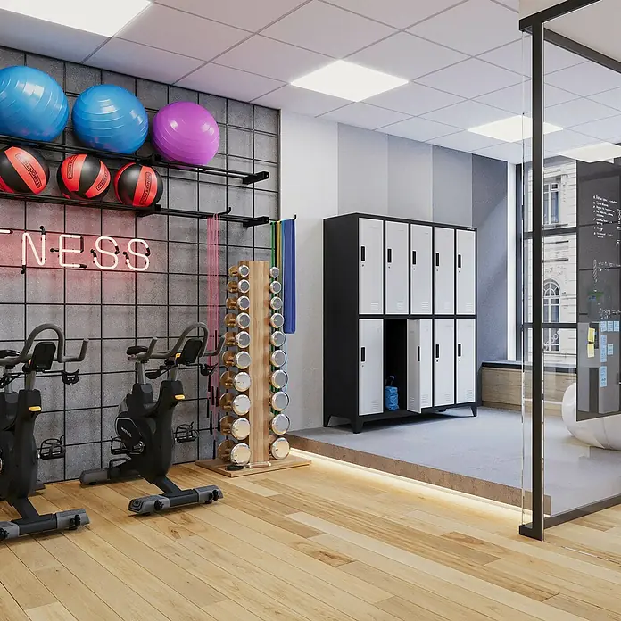 Jan Nowak Spind Bartek - B x T x H: 136 x 45 x 172 cm, Anthrazit / Weiß - Fitnessstudio mit Hanteln, Gymnastikbällen, Spinning-Bikes und Schließfächern. Die optimale Ausstattung für ein effektives Training.