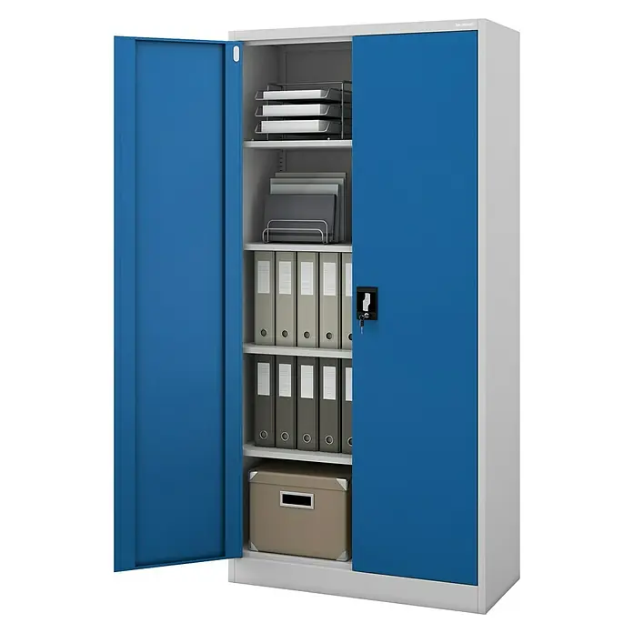 Jan Nowak Aktenschrank Jan - B x T x H: 90 x 40 x 185 cm, Grau/Blau - Blauer Büroschrank mit grauen Elementen, Ordnern und Ablagefächern für eine organisierte Aufbewahrung von Dokumenten und Büromaterialien.
