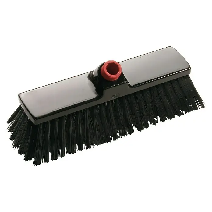 Haug In-Up Hofbesen und Garagenbesen - Breite Besen: 30 cm, Material Borsten: Polymex - Abgebildet ist ein sauberer, schwarzer Besen mit roten Akzenten, ideal für die effiziente Reinigung von Hartböden in Innenräumen.