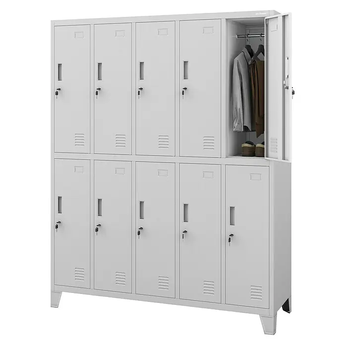 Jan Nowak Spind Bartek - B x T x H: 136 x 45 x 172 cm, Grau - Ein Schrank mit mehreren Fächern, einige davon mit Kleidung und Schuhen gefüllt, wodurch sich die Funktionalität dieses Möbelstücks zeigt.