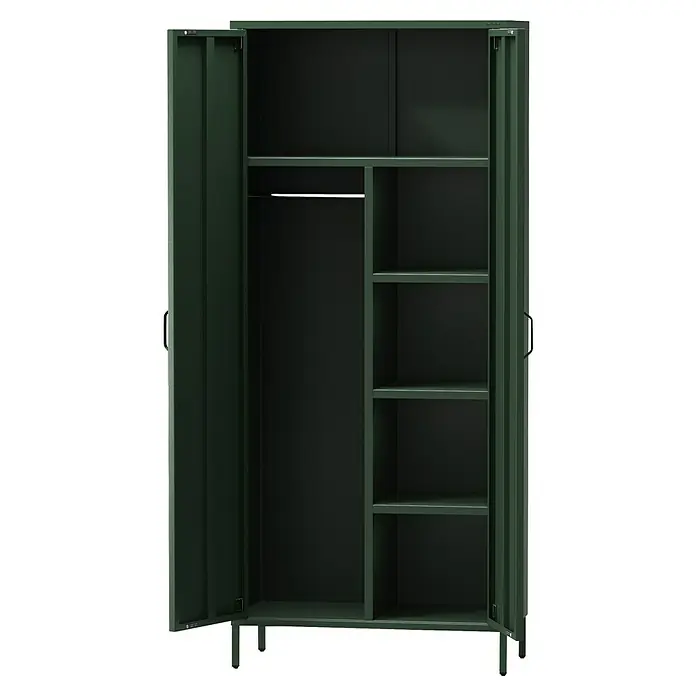 Jan Nowak Kleiderschrank Flavio - H x B x T: 185 x 80 x 45 cm, Flaschengrün - Offener, dunkelgrüner Metallschrank mit Fächern und Kleiderstange, ideal zur Aufbewahrung von Kleidung und Accessoires.