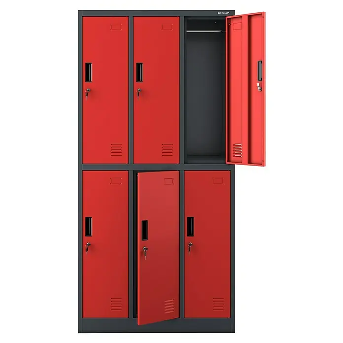 Jan Nowak Schließfachschrank Igor - H x B x T: 185 x 90 x 45 cm, Anzahl Fächer: 6 Stk., Anthrazit/Rot - Rote Metallspinde mit mehreren Fächern, einige Türen geöffnet, mit Belüftungsschlitzen und Schlüsseln für jedes Fach.
