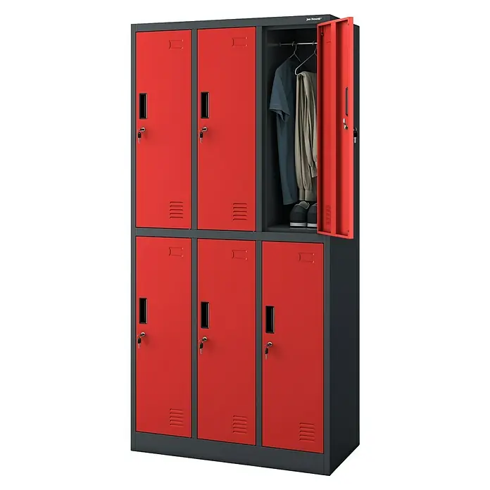 Jan Nowak Schließfachschrank Igor - H x B x T: 185 x 90 x 45 cm, Anzahl Fächer: 6 Stk., Anthrazit/Rot - Roter Spindschrank mit sechs Fächern, eines davon geöffnet, zeigt Kleidung und Schuhe, ideal für Organisation und Sicherheit.