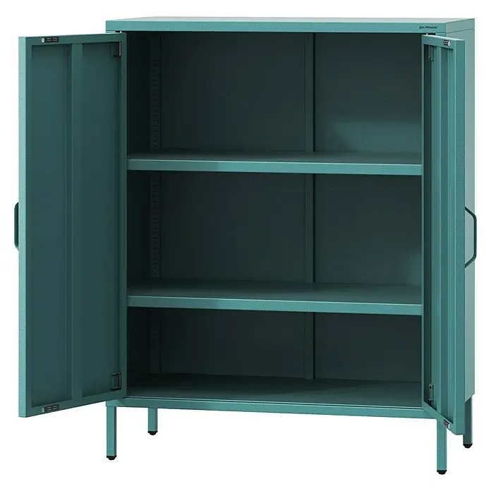 Jan Nowak Kommode Vito - B x T x H: 80 x 40 x 101,5 cm, Meeresgrün - Metallschrank mit zwei offenen Türen und drei Regalen zur vielseitigen Aufbewahrung.