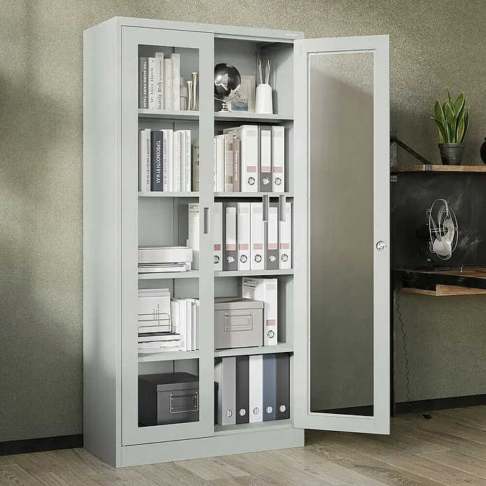 Jan Nowak Aktenschrank Amelia - B x T x H: 90 x 40 x 185 cm, Grau - Grauer Metallschrank mit Glasfront und Ablagefächern für Bücher und Ordner, ideal für Büro oder Arbeitszimmer.