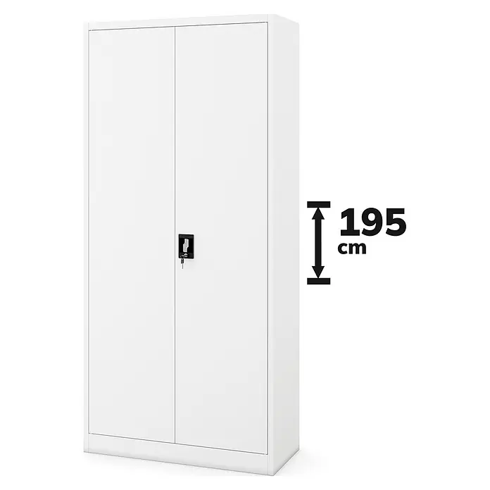 Jan Nowak Aktenschrank Jan - B x T x H: 90 x 40 x 195 cm, Weiß - Ein weißer Stahlschrank mit zwei Türen und einem Schloss ist abgebildet. Der Schrank ist 195 cm hoch und bietet viel Stauraum.