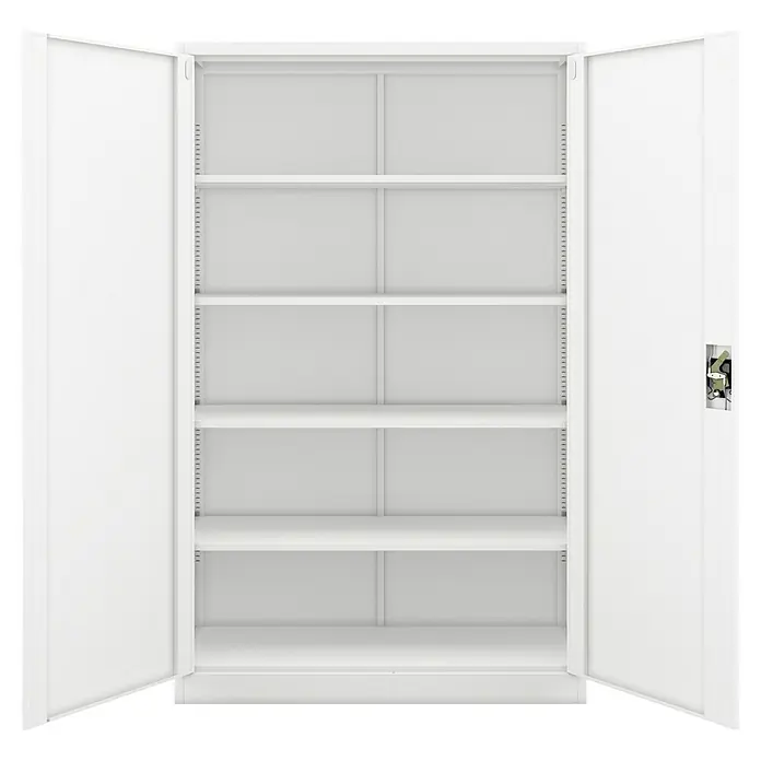 Jan Nowak Aktenschrank Jan II - B x T x H: 115 x 40 x 185 cm, Weiß - Ein offener, weißer Metallschrank mit mehreren Regalen. Ideal für die Aufbewahrung von Büro- und Haushaltsgegenständen. Praktisch und robust.