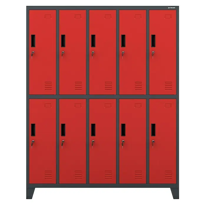 Jan Nowak Spind Bartek - B x T x H: 136 x 45 x 172 cm, Anthrazit / Rot - Rote Jan Nowak Metallgarderobenschränke mit zehn Fächern, ideal zur sicheren Aufbewahrung in verschiedenen Umgebungen.