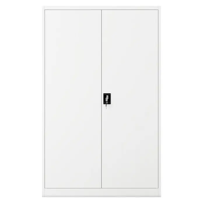 Jan Nowak Aktenschrank Jan II - B x T x H: 115 x 40 x 185 cm, Weiß - Ein weißer abschließbarer Aktenschrank mit zwei Türen und einem schwarzen Griff mit Schlüssel. Solider Büroschrank für Akten und mehr.