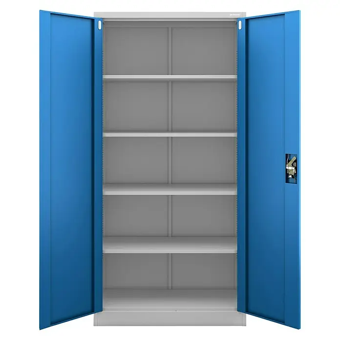 Jan Nowak Aktenschrank Jan - B x T x H: 90 x 40 x 185 cm, Grau/Blau - Offener blauer Metallschrank mit mehreren Regalen zur Aufbewahrung und Organisation von Gegenständen.
