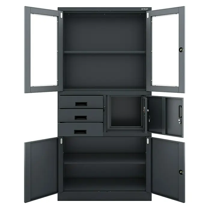 Jan Nowak Aktenschrank Filip - B x T x H: 90 x 40 x 185 cm, Anthrazit - Das Bild zeigt einen grauen Werkzeugschrank von Jan Nowak mit Regalen, Schubladen und einem Safe.