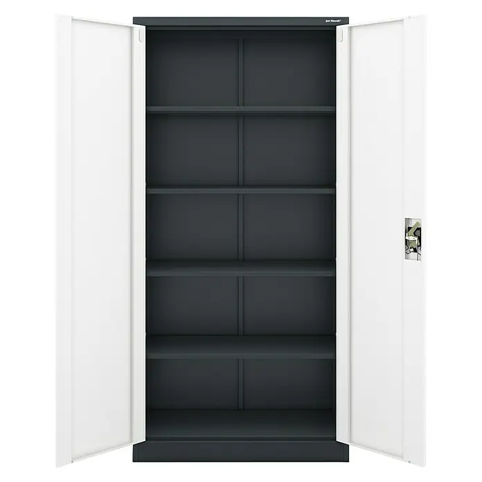 Jan Nowak Aktenschrank Jan - B x T x H: 90 x 40 x 185 cm, Anthrazit/Weiß - Offener grauer Büroschrank mit weißen Türen und mehreren Regalen.