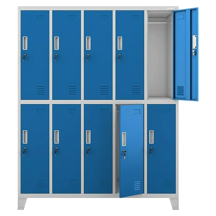 Jan Nowak Spind Bartek - B x T x H: 136 x 45 x 172 cm, Grau / Blau - Ansicht eines blauen Metallschranks mit Fächern, einige Türen sind offen. Ideal für Sportvereine oder Schulen.
