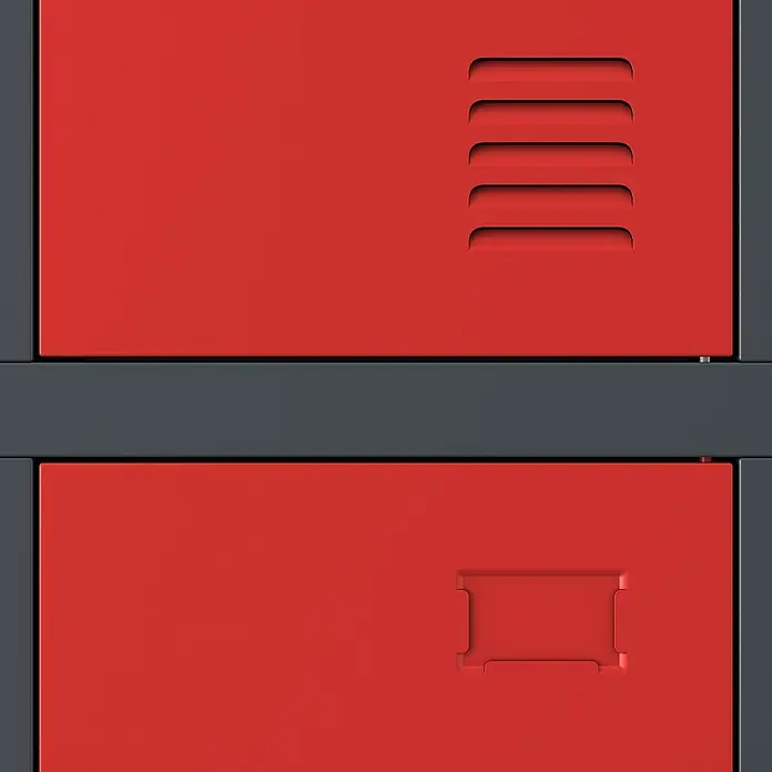 Jan Nowak Schließfachschrank Igor - H x B x T: 185 x 90 x 45 cm, Anzahl Fächer: 6 Stk., Anthrazit/Rot - Nahaufnahme eines roten Metallschranks mit grauen Akzenten, einschließlich Lüftungsschlitzen und einem rechteckigen Griff.