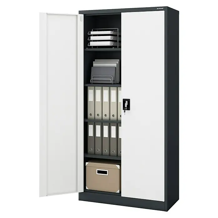 Jan Nowak Aktenschrank Jan - B x T x H: 90 x 40 x 185 cm, Anthrazit/Weiß - Abbildung eines grauen Büroschranks mit weißen Türen, der mit Bürobedarf wie Ordnern und Ablagefächern gefüllt ist.