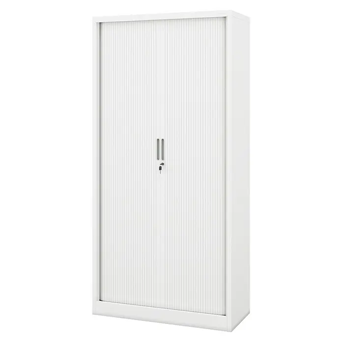 Jan Nowak Aktenschrank Damian - B x T x H: 90 x 45 x 185 cm, Weiß - Ein weißer Rollladenschrank mit vertikalen Streifen, Griffen und Schlüssel. Ideal für Büro oder Lagerung, bietet der Schrank sicheren Stauraum.