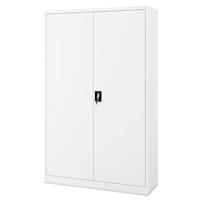 Jan Nowak Aktenschrank Jan II - B x T x H: 115 x 40 x 185 cm, Weiß - Bild eines weißen Metallschranks mit zwei Türen und einem schwarzen Griff mit Schlüssel.