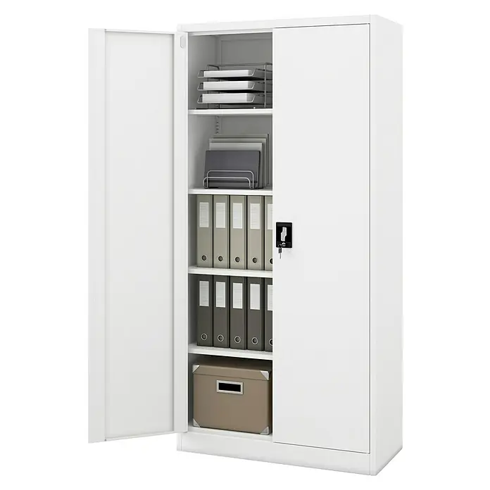 Jan Nowak Aktenschrank Jan - B x T x H: 90 x 40 x 185 cm, Weiß - Ein offener, weißer Metallschrank mit Fachböden, Ordnern, Ablagen und einer abschließbaren Tür für Büro oder Arbeitszimmer.