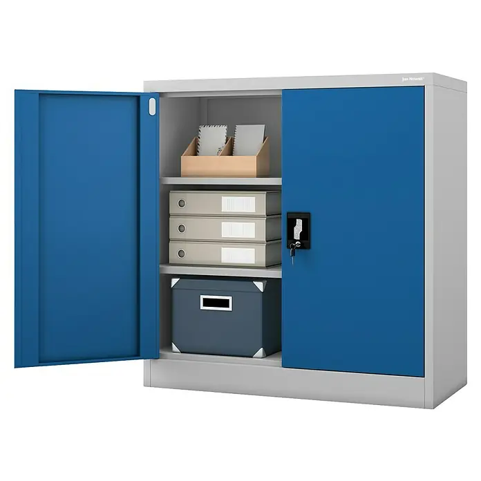 Jan Nowak Aktenschrank Beata - B x T x H: 90 x 40 x 92,5 cm, Grau / Blau - Abbildung eines blauen Stahlschranks mit zwei Fächern und abschließbaren Türen, ideal für die Aufbewahrung im Büro oder Lager.