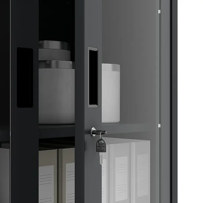 Jan Nowak Aktenschrank Filip - B x T x H: 90 x 40 x 185 cm, Anthrazit - Detailaufnahme eines abschließbaren Büroschranks mit Glastür, der mit Ordnern und Behältern gefüllt ist. Der Schlüssel steckt im Schloss.