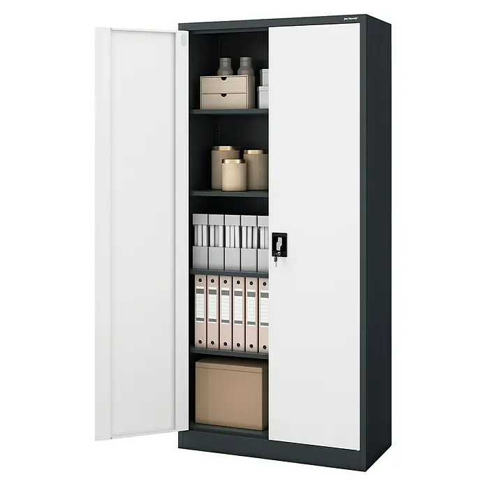 Jan Nowak Aktenschrank Jan - B x T x H: 90 x 40 x 195 cm, Anthrazit/Weiß - Ein offener, grauer Stahlschrank mit weißen Türen und mehreren Regalen, die mit verschiedenen Gegenständen gefüllt sind.
