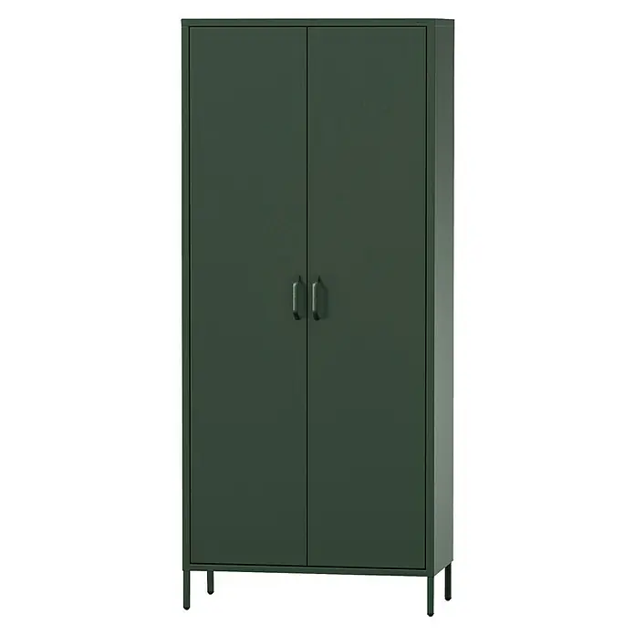 Jan Nowak Kleiderschrank Flavio - H x B x T: 185 x 80 x 45 cm, Flaschengrün - Ein robuster, grüner Metallschrank mit zwei Türen und silbernen Griffen, ideal für Werkstatt oder Lagerung. Der Schrank bietet viel Stauraum.