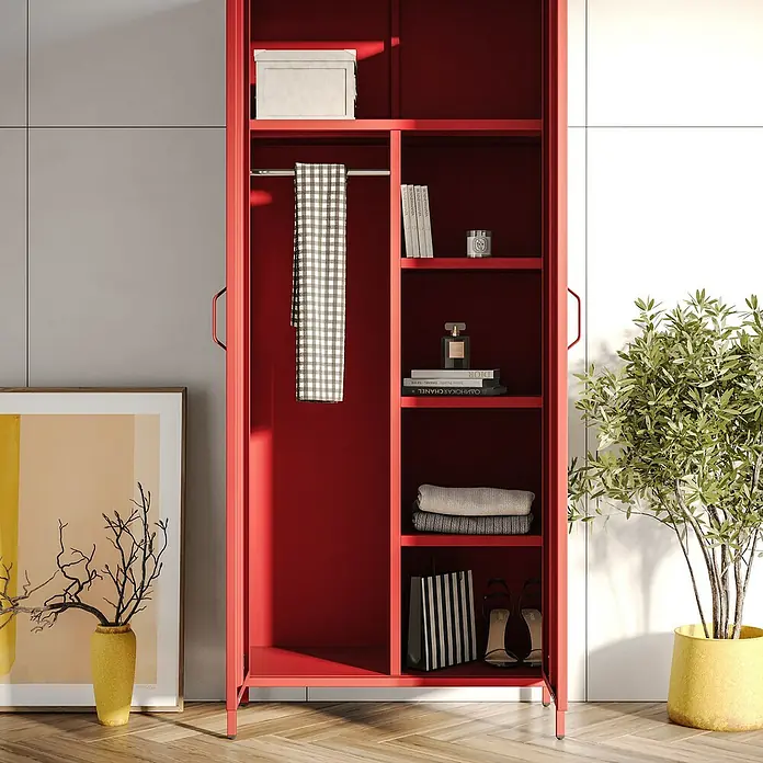 Jan Nowak Kleiderschrank Flavio - H x B x T: 185 x 80 x 45 cm, Rot - Roter Garderobenschrank mit Regalen und einer Stange für Kleidung, ideal für die Organisation von Kleidung und Accessoires.