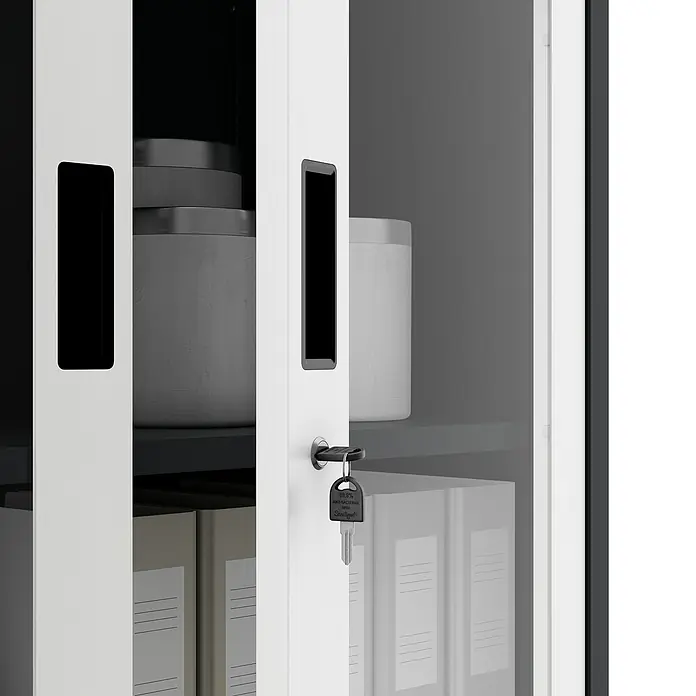 Jan Nowak Aktenschrank Filip - B x T x H: 90 x 40 x 185 cm, Anthrazit/Weiß - Nahaufnahme eines abschließbaren Büroschranks mit Glasfront, der mit Akten und Behältern gefüllt ist.