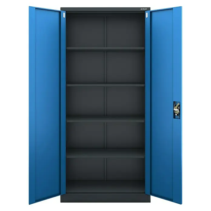 Jan Nowak Aktenschrank Jan - B x T x H: 90 x 40 x 195 cm, Anthrazit/Blau - Blauer Stahlschrank mit geöffneten Türen, der Einblick in die grauen Regale bietet. Perfekt für Büro oder Werkstatt zur sicheren Aufbewahrung.