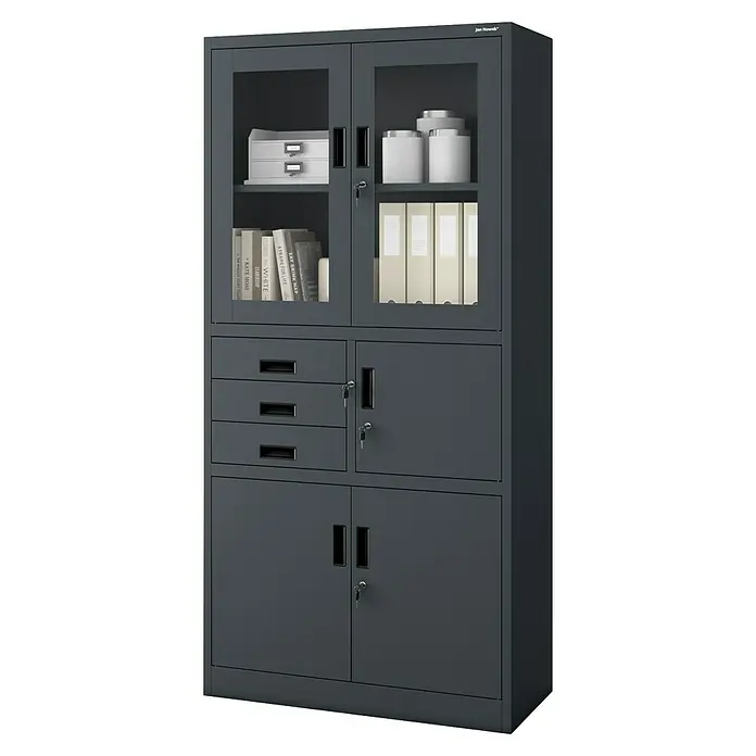 Jan Nowak Aktenschrank Filip - B x T x H: 90 x 40 x 185 cm, Anthrazit - Bild eines grauen Metallbüroschranks mit Glastüren, Schubladen und Schrankfächern.