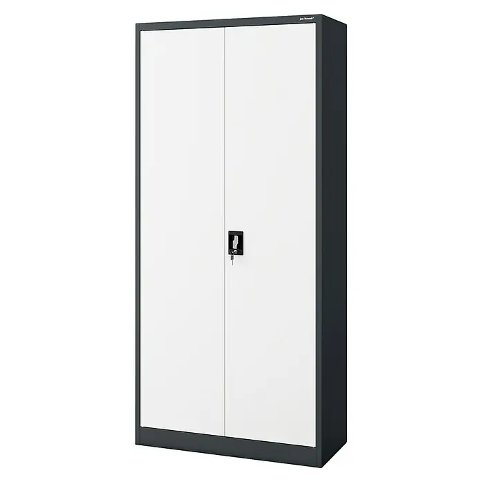 Jan Nowak Aktenschrank Jan - B x T x H: 90 x 40 x 195 cm, Anthrazit/Weiß - Ein grauer Metallschrank mit zwei weißen Türen und einem Schloss mit Schlüssel. Perfekt für Büro oder Werkstatt zur Aufbewahrung von Dokumenten und Werkzeug.