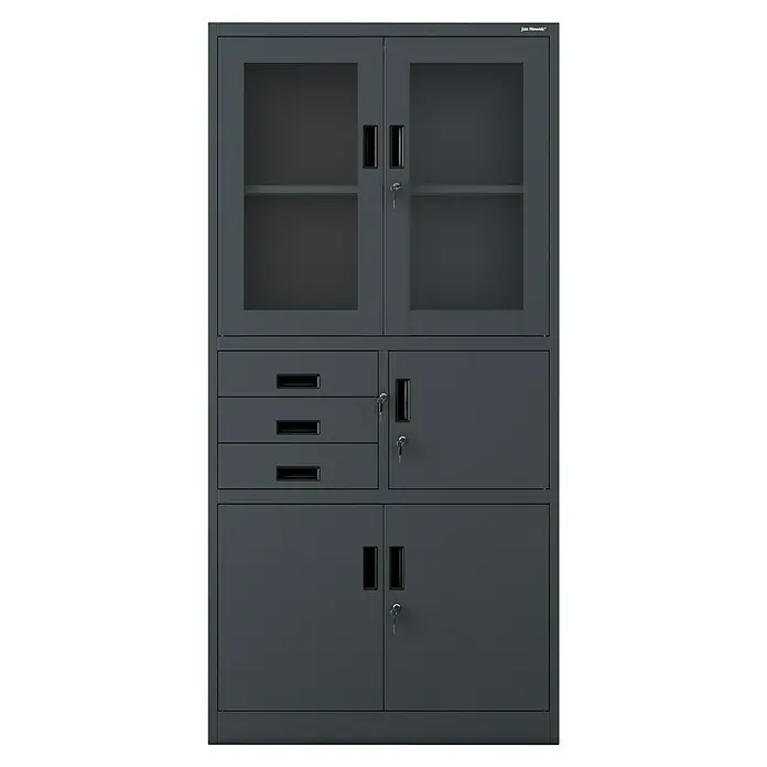 Jan Nowak Aktenschrank Filip - B x T x H: 90 x 40 x 185 cm, Anthrazit - Grauer Metallschrank mit Glastüren und Schubladen zur Aufbewahrung von Büromaterialien und Dokumenten.