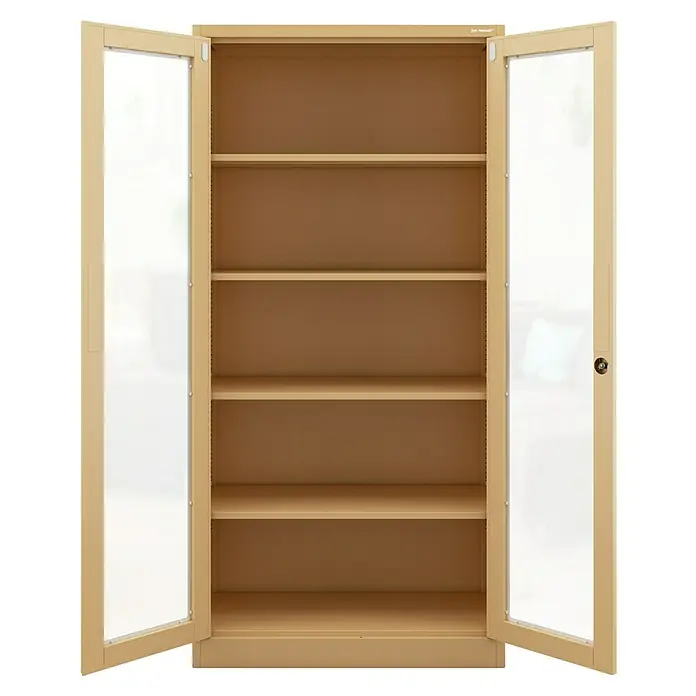 Jan Nowak Aktenschrank Amelia - B x T x H: 90 x 40 x 185 cm, Beige - Abbildung eines Metallschranks mit Glastüren und fünf Regalfächern.