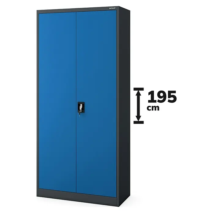 Jan Nowak Aktenschrank Jan - B x T x H: 90 x 40 x 195 cm, Anthrazit/Blau - Ein blauer Jan Nowak Metallschrank mit zwei Türen und Schloss, seitlich mit einer Höhenangabe von 195 cm versehen.