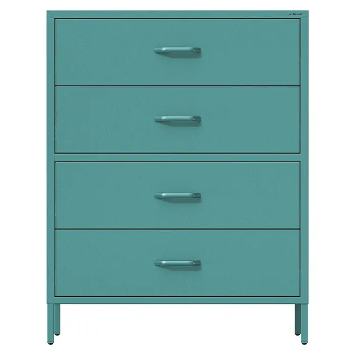 Jan Nowak Kommode Carla - L x B x H: 40 x 80 x 101,5 cm, Meeresgrün, Anzahl Schubladen: 4 Stk. - Ein türkisfarbener Büroschrank mit vier Schubladen und silbernen Griffen für die Aufbewahrung von Dokumenten und Büromaterialien.