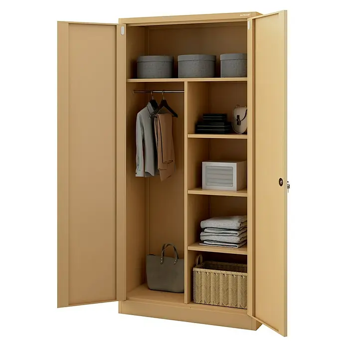 Jan Nowak Metall-Mehrzweckschrank Dawid - H x B x T: 185 x 90 x 45 cm, Beige - Hier ist ein geräumiger, offener Kleiderschrank in hellem Holzton, der sowohl Platz zum Aufhängen als auch Regale für eine ordentliche Aufbewahrung bietet.