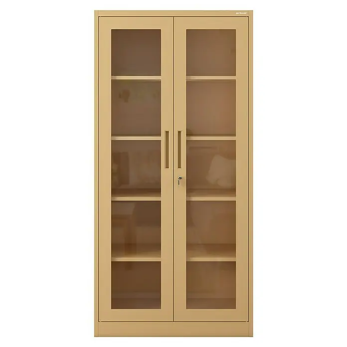 Jan Nowak Aktenschrank Amelia - B x T x H: 90 x 40 x 185 cm, Beige - Das Bild zeigt einen hellbraunen Bücherschrank mit Glastüren und Regalen. Er hat zwei Griffe und ein Schloss mit Schlüssel.
