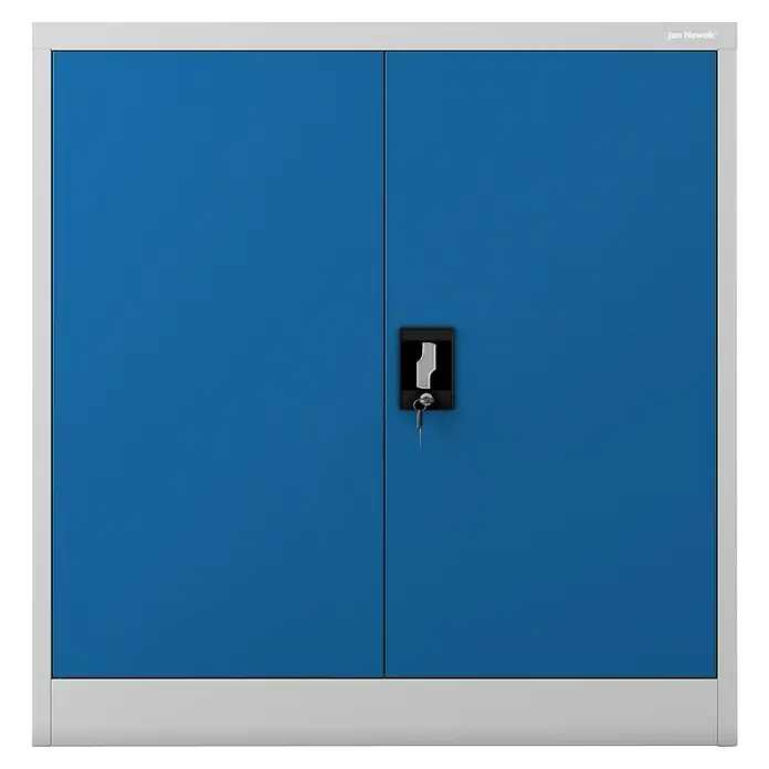 Jan Nowak Aktenschrank Beata - B x T x H: 90 x 40 x 92,5 cm, Grau / Blau - Blauer Jan Nowak Metallschrank mit zwei Türen, silbernem Rahmen und schwarzem Schloss mit Schlüssel.