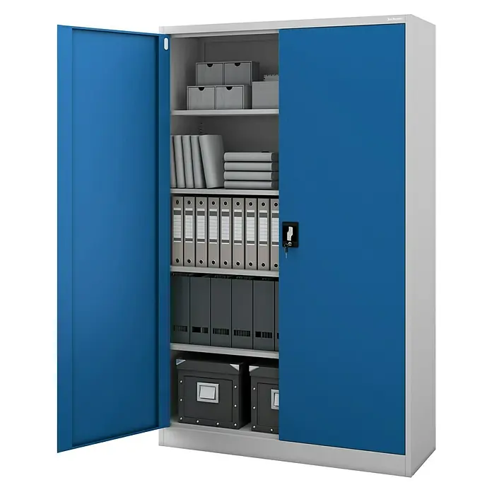 Jan Nowak Aktenschrank Jan II - B x T x H: 115 x 40 x 185 cm, Grau/Blau - Blauer Flügeltürenschrank mit grauen Einlegeböden, Ordnern und grauem Korpus. Büroschrank zur Aufbewahrung von Dokumenten und Büromaterialien.