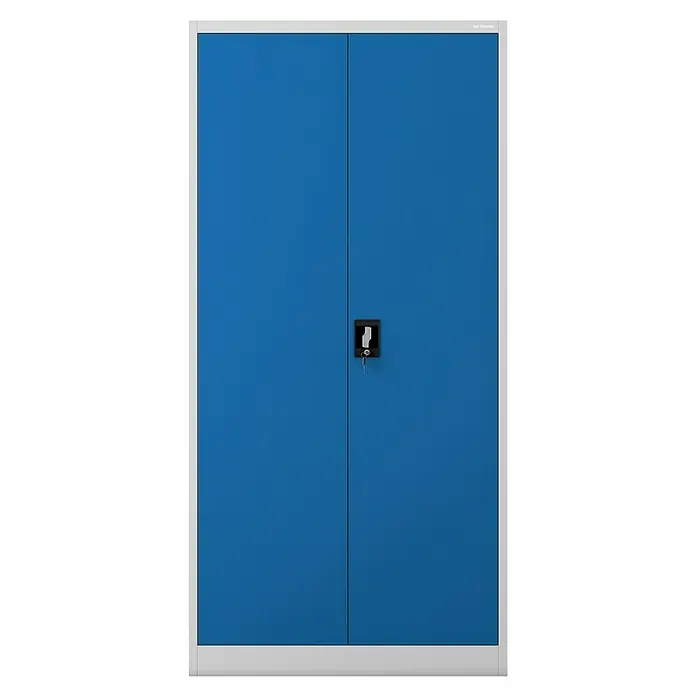 Jan Nowak Aktenschrank Jan - B x T x H: 90 x 40 x 185 cm, Grau/Blau - Blauer Metallschrank mit zwei Türen, einem weißen Rahmen und einem Schloss in der Mitte für Büro oder Werkstatt.