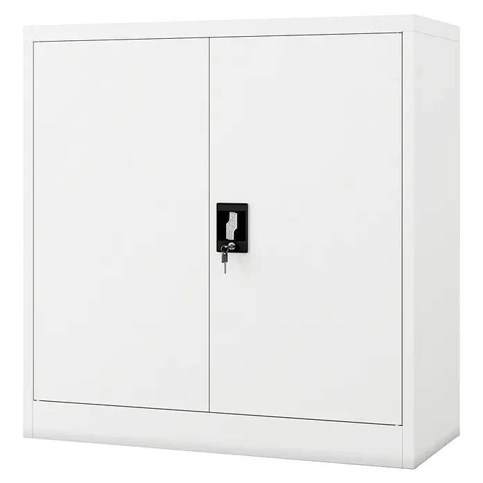 Jan Nowak Aktenschrank Beata - B x T x H: 90 x 40 x 92,5 cm, Weiß - Ein weißer Büroschrank mit zwei Türen und einem schwarzen Schloss mit Schlüssel.