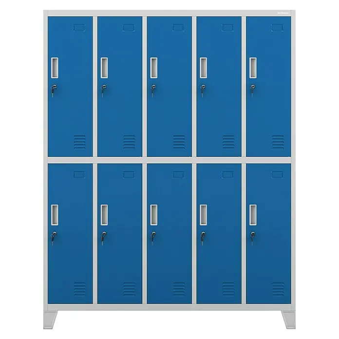 Jan Nowak Spind Bartek - B x T x H: 136 x 45 x 172 cm, Grau / Blau - Blaues Spind-Modell mit zehn Fächern. Ideal für Schulen, Fitnessstudios und Arbeitsplätze, um persönliche Gegenstände sicher zu verstauen.