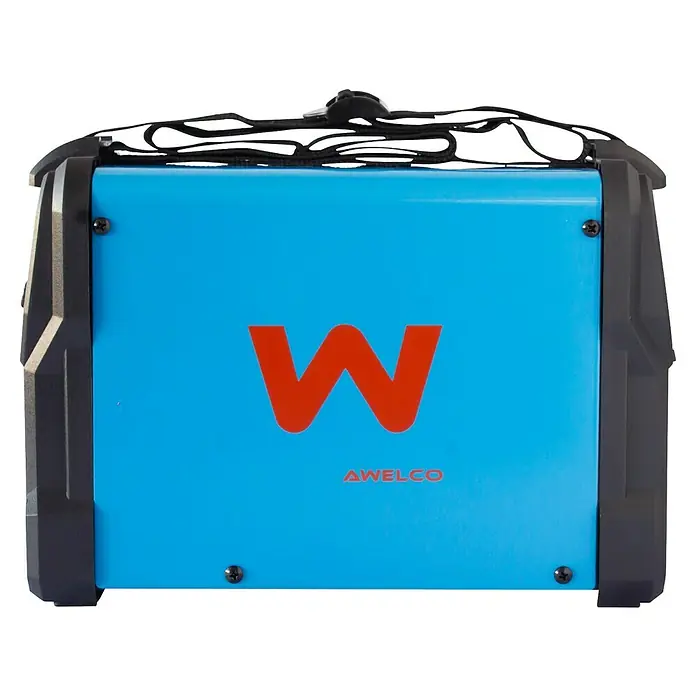 Awelco Equipo de soldadura de electrodos Antares 200 - 200 A - Máquina de soldar AWECLO azul claro con una gran "W" roja y marco protector negro. El dispositivo ideal para trabajos de soldadura.